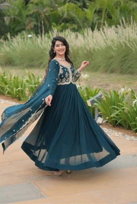 Beautiful Aqua Blue Color Zari Embroidered Work Gown
 - Big Stone, XXL