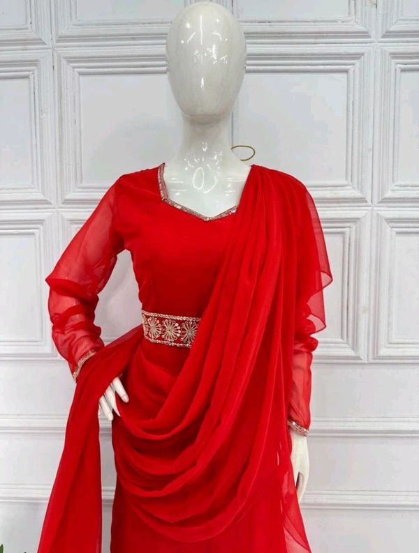 Resplendent Red Color Faux Georgette Sequence New Stilly Gown - Red, L