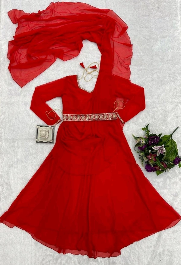 Resplendent Red Color Faux Georgette Sequence New Stilly Gown - Red, L