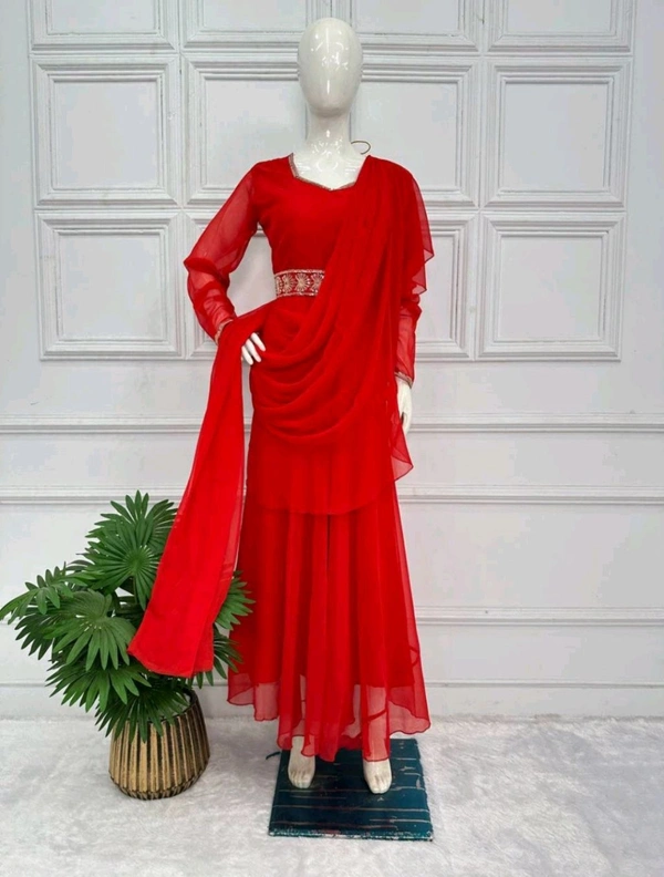 Resplendent Red Color Faux Georgette Sequence New Stilly Gown - Red, M
