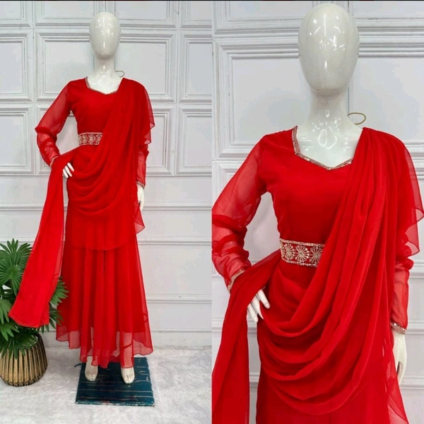 Resplendent Red Color Faux Georgette Sequence New Stilly Gown - Red, XL