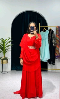 Resplendent Red Color Faux Georgette Sequence New Stilly Gown - Red, XL