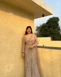 Ethereal Peach Net Saree With Pearl & Katdana Handwork
 - Just Right, Free Size