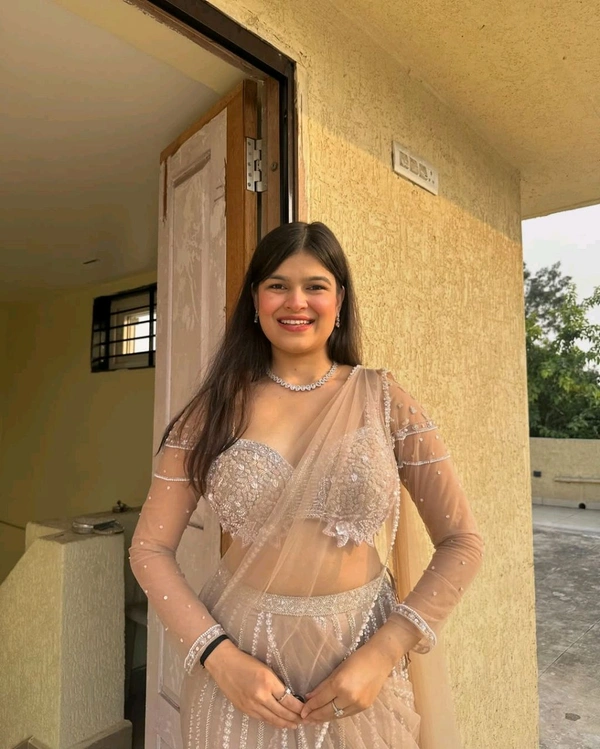 Ethereal Peach Net Saree With Pearl & Katdana Handwork
 - Just Right, Free Size