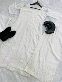 Women Modal Kurti Palazzo Attached Dupatta Set - White, M