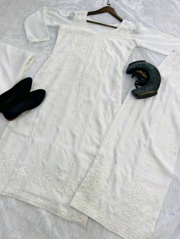 Women Modal Kurti Palazzo Attached Dupatta Set - White, M