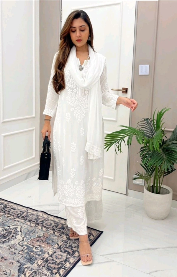 Women Modal Kurti Palazzo Attached Dupatta Set - White, XL