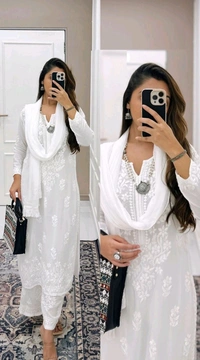 Women Modal Kurti Palazzo Attached Dupatta Set - White, XL