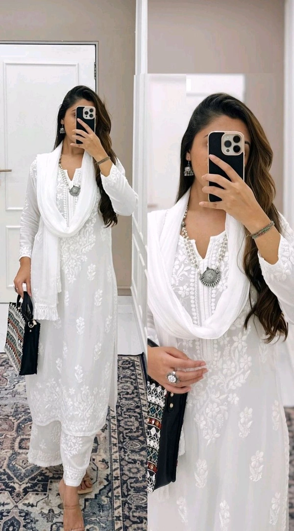 Women Modal Kurti Palazzo Attached Dupatta Set - White, XL