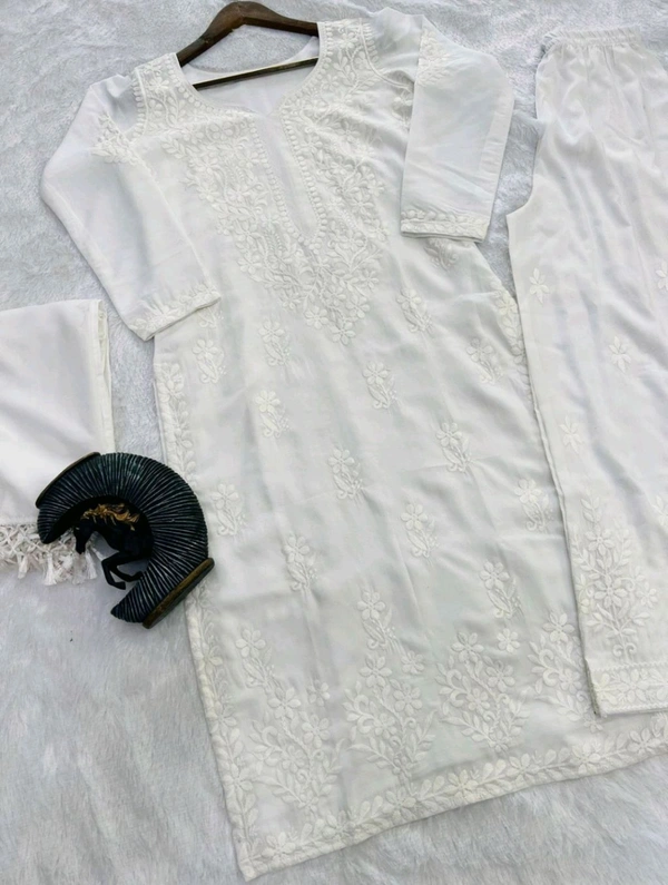 Women Modal Kurti Palazzo Attached Dupatta Set - White, XL