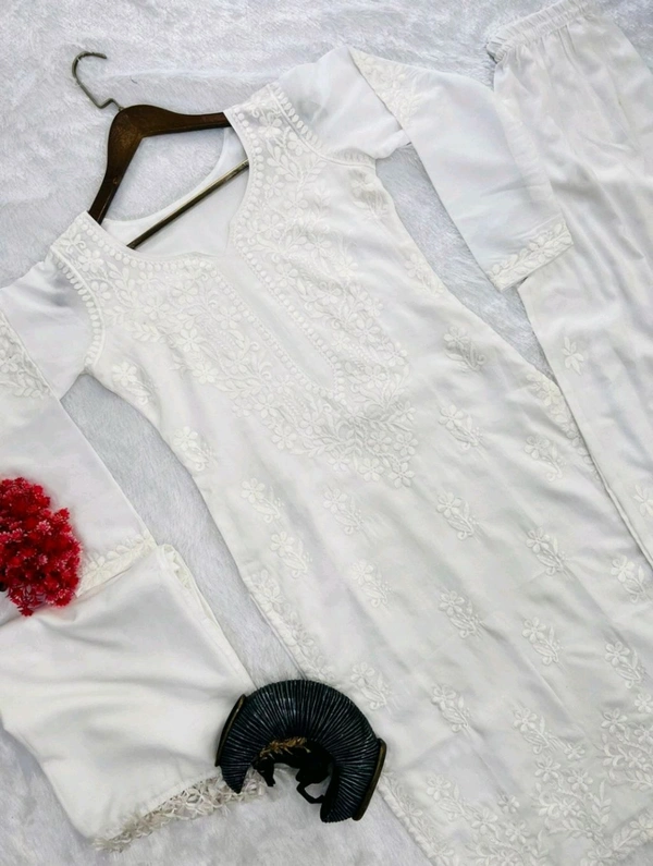 Women Modal Kurti Palazzo Attached Dupatta Set - White, XL