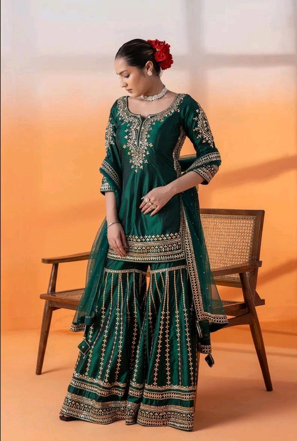 Chinnon Silk Suit in Bottle green color 3Piece
 - Evening Sea, L