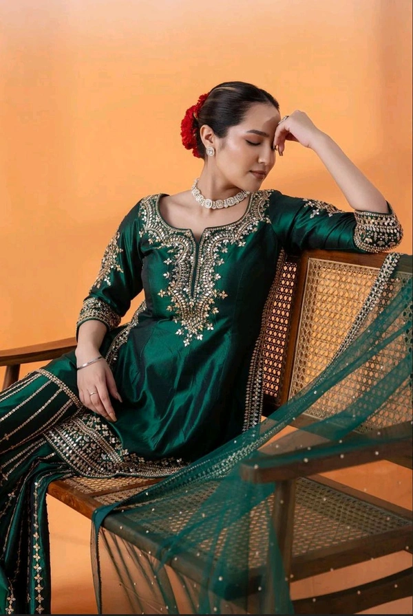 Chinnon Silk Suit in Bottle green color 3Piece
 - Evening Sea, L