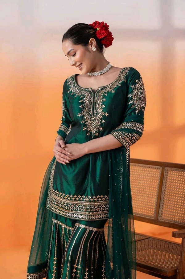 Chinnon Silk Suit in Bottle green color 3Piece
 - Evening Sea, L