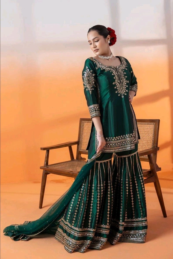 Chinnon Silk Suit in Bottle green color 3Piece
 - Evening Sea, L