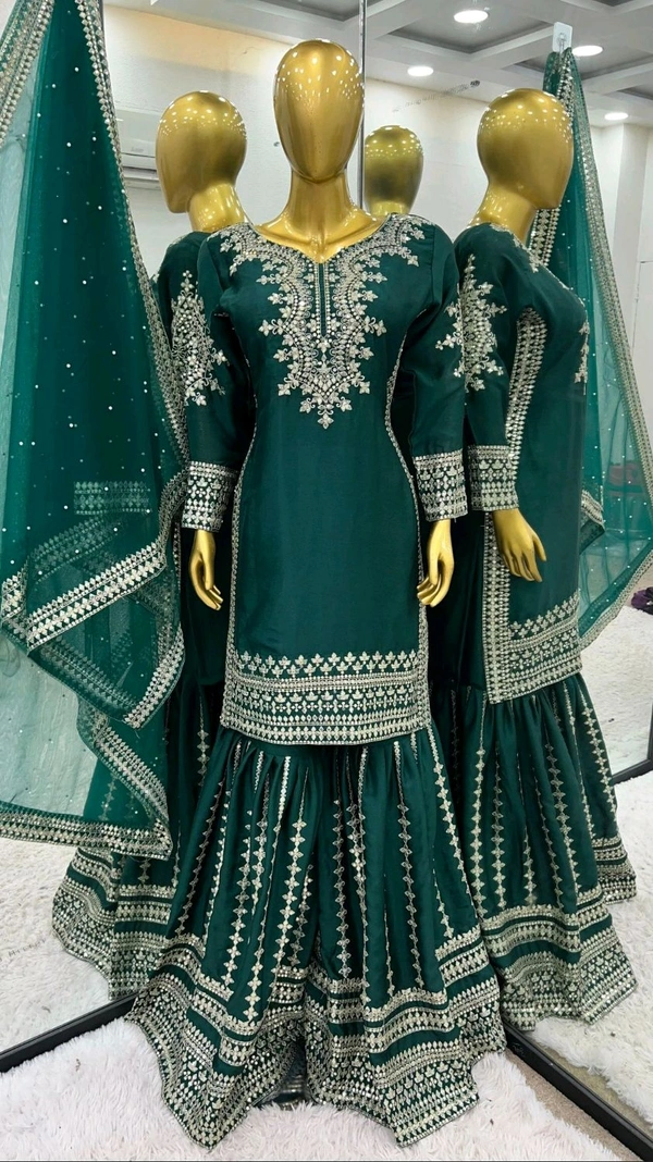 Chinnon Silk Suit in Bottle green color 3Piece
 - Evening Sea, L