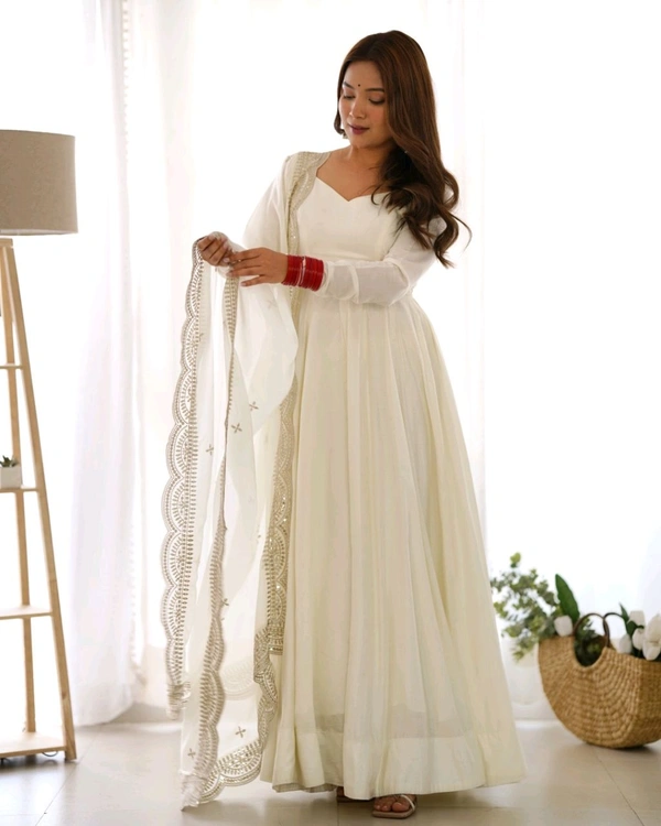 Women's Printed Romanslik Full Sleeve V-Neck Zip Beautiful Anarkali Gown with Dupatta & Pant  - White, L