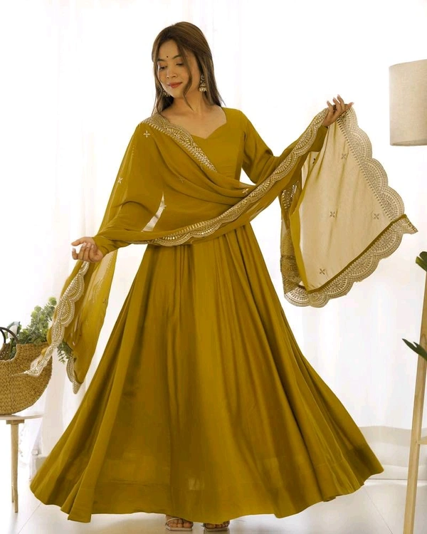 Women's Printed Romanslik Full Sleeve V-Neck Zip Beautiful Anarkali Gown with Dupatta & Pant  - Mustard, M