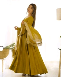 Women's Printed Romanslik Full Sleeve V-Neck Zip Beautiful Anarkali Gown with Dupatta & Pant  - Mustard, M