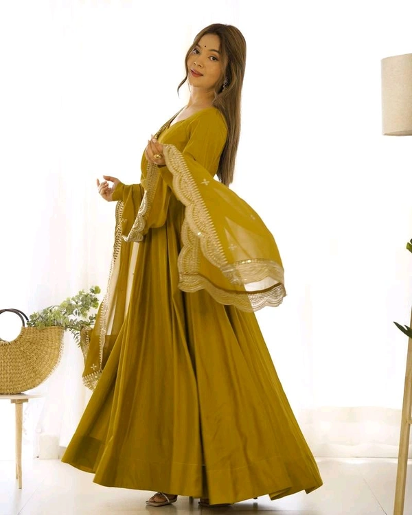 Women's Printed Romanslik Full Sleeve V-Neck Zip Beautiful Anarkali Gown with Dupatta & Pant  - Mustard, M