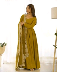 Women's Printed Romanslik Full Sleeve V-Neck Zip Beautiful Anarkali Gown with Dupatta & Pant  - Mustard, M