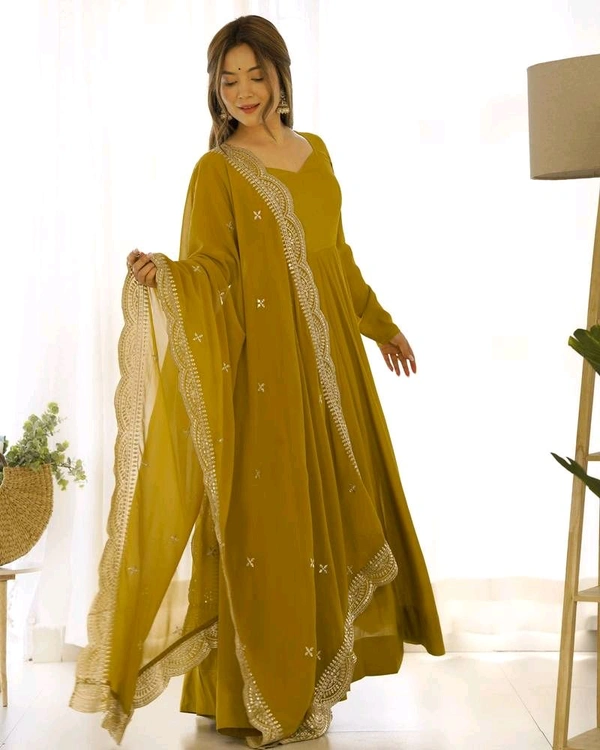 Women's Printed Romanslik Full Sleeve V-Neck Zip Beautiful Anarkali Gown with Dupatta & Pant  - Mustard, M