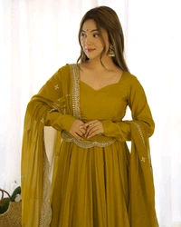 Women's Printed Romanslik Full Sleeve V-Neck Zip Beautiful Anarkali Gown with Dupatta & Pant  - Mustard, M