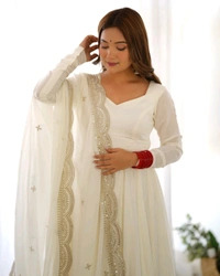 Women's Printed Romanslik Full Sleeve V-Neck Zip Beautiful Anarkali Gown with Dupatta & Pant  - White, S