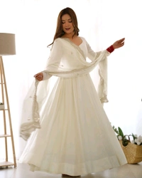 Women's Printed Romanslik Full Sleeve V-Neck Zip Beautiful Anarkali Gown with Dupatta & Pant  - White, S