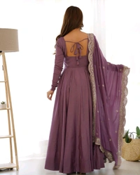 Women's Printed Romanslik Full Sleeve V-Neck Zip Beautiful Anarkali Gown with Dupatta & Pant  - Mauve, S