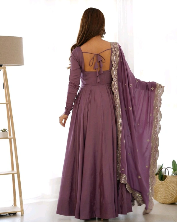 Women's Printed Romanslik Full Sleeve V-Neck Zip Beautiful Anarkali Gown with Dupatta & Pant  - Mauve, S