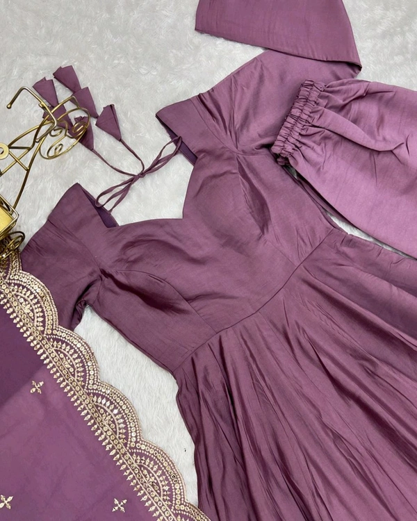 Women's Printed Romanslik Full Sleeve V-Neck Zip Beautiful Anarkali Gown with Dupatta & Pant  - Mauve, S