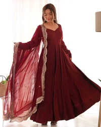 Women's Printed Romanslik Full Sleeve V-Neck Zip Beautiful Anarkali Gown with Dupatta & Pant  - Maroon, S