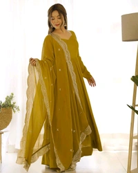 Women's Printed Romanslik Full Sleeve V-Neck Zip Beautiful Anarkali Gown with Dupatta & Pant  - Mustard, S