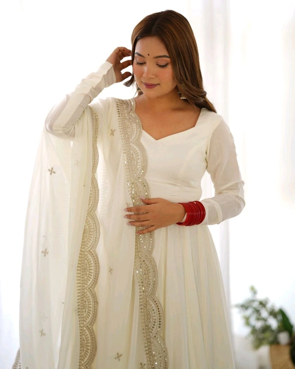 Women's Printed Romanslik Full Sleeve V-Neck Zip Beautiful Anarkali Gown with Dupatta & Pant  - White, XS