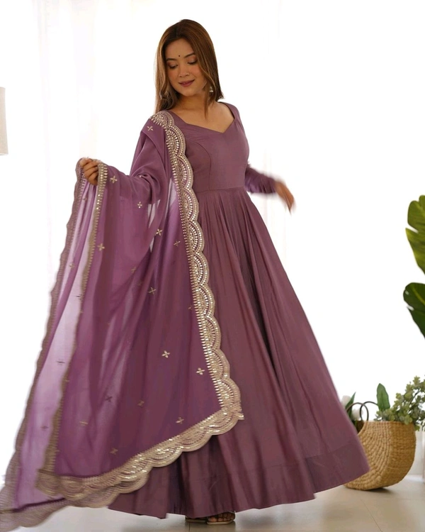 Women's Printed Romanslik Full Sleeve V-Neck Zip Beautiful Anarkali Gown with Dupatta & Pant  - Mauve, XL