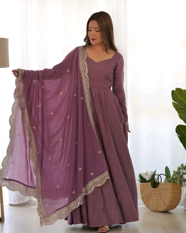Women's Printed Romanslik Full Sleeve V-Neck Zip Beautiful Anarkali Gown with Dupatta & Pant  - Mauve, XL