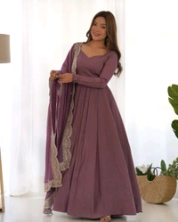Women's Printed Romanslik Full Sleeve V-Neck Zip Beautiful Anarkali Gown with Dupatta & Pant  - Mauve, XL