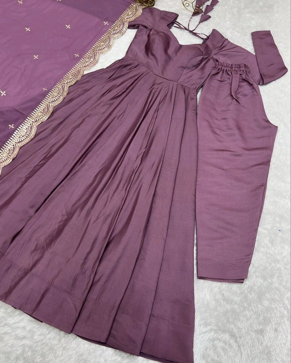 Women's Printed Romanslik Full Sleeve V-Neck Zip Beautiful Anarkali Gown with Dupatta & Pant  - Mauve, XL