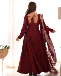 Women's Printed Romanslik Full Sleeve V-Neck Zip Beautiful Anarkali Gown with Dupatta & Pant  - Maroon, XXL