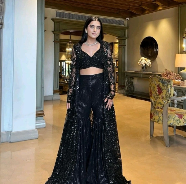 Black Soft Butterfly Net Ready-To-Wear Lehenga Saree with Choli, Shrug & Plazo
 - Black, XXL