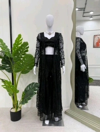 Black Soft Butterfly Net Ready-To-Wear Lehenga Saree with Choli, Shrug & Plazo
 - Black, XXL