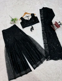 Black Soft Butterfly Net Ready-To-Wear Lehenga Saree with Choli, Shrug & Plazo
 - Black, XXL