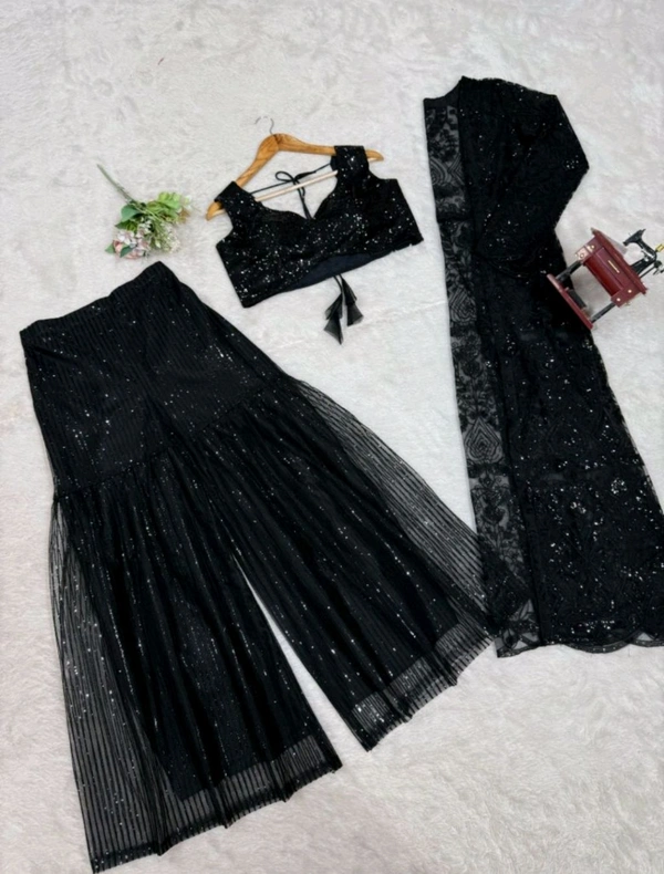 Black Soft Butterfly Net Ready-To-Wear Lehenga Saree with Choli, Shrug & Plazo
 - Black, XXL