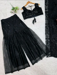 Black Soft Butterfly Net Ready-To-Wear Lehenga Saree with Choli, Shrug & Plazo
 - Black, XXL