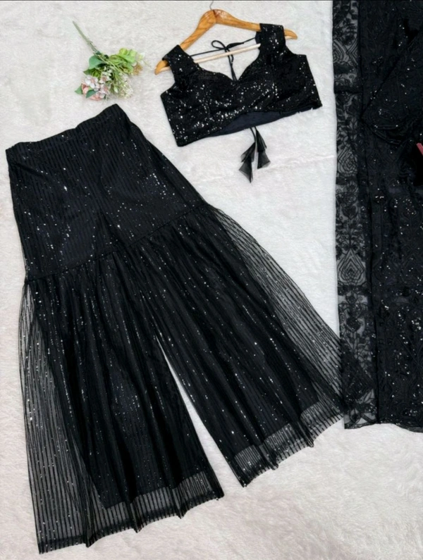 Black Soft Butterfly Net Ready-To-Wear Lehenga Saree with Choli, Shrug & Plazo
 - Black, XXL