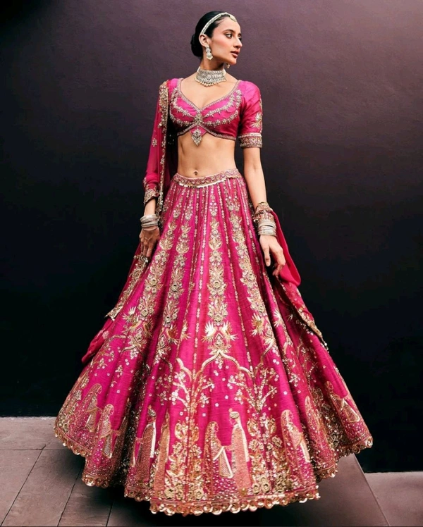 Rani Pink Bridal Lehenga Set
 - Violet Red, Free Size