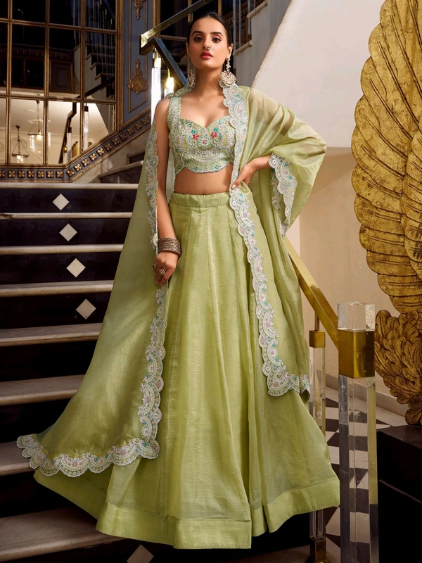 Incredible Pista Green Sequins Work Organza Party Wear Lehenga Choli - Desert Sand, Free Size