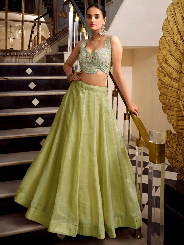 Incredible Pista Green Sequins Work Organza Party Wear Lehenga Choli - Desert Sand, Free Size