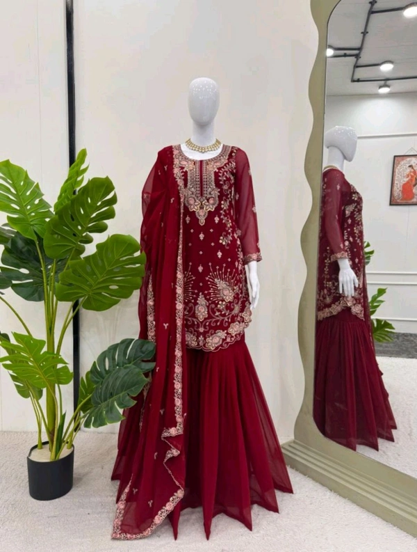 Sharara Dress Faux Georgette Material White Front And Back Bothside Work*
 - Well Read, XXL